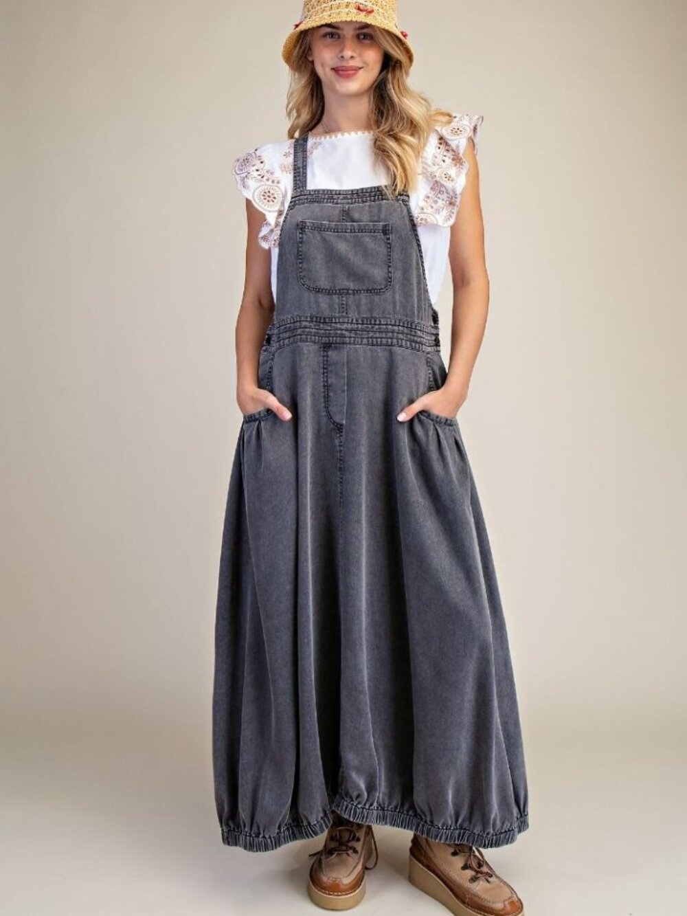 EASEL STONE WASHED TENCEL OVERALL DRESS 100% LYOCELL